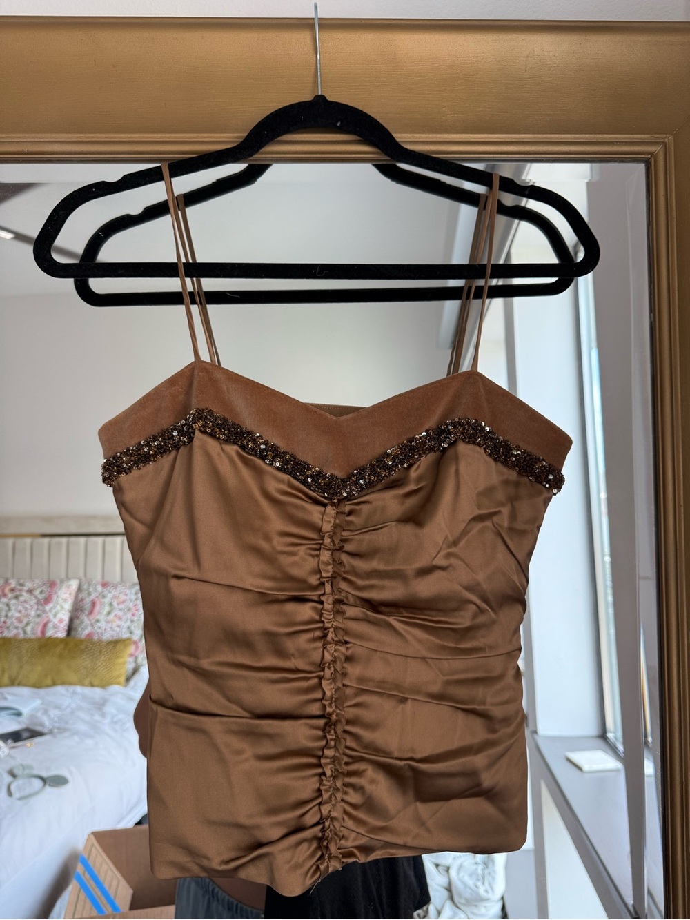 Etcetera Bronze Silk Beaded V-Neck Camisole